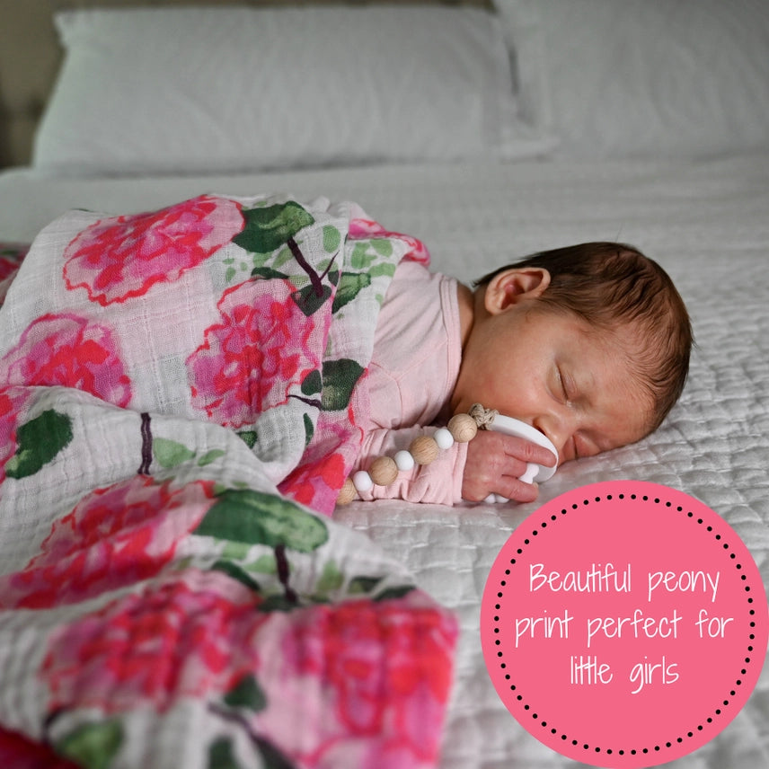 Pink Peony Print Cotton Muslin Baby Swaddle Blanket