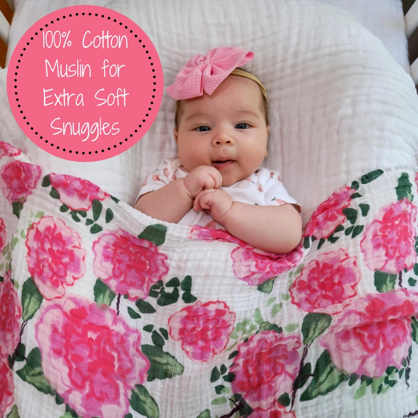 Pink Peony Print Cotton Muslin Baby Swaddle Blanket