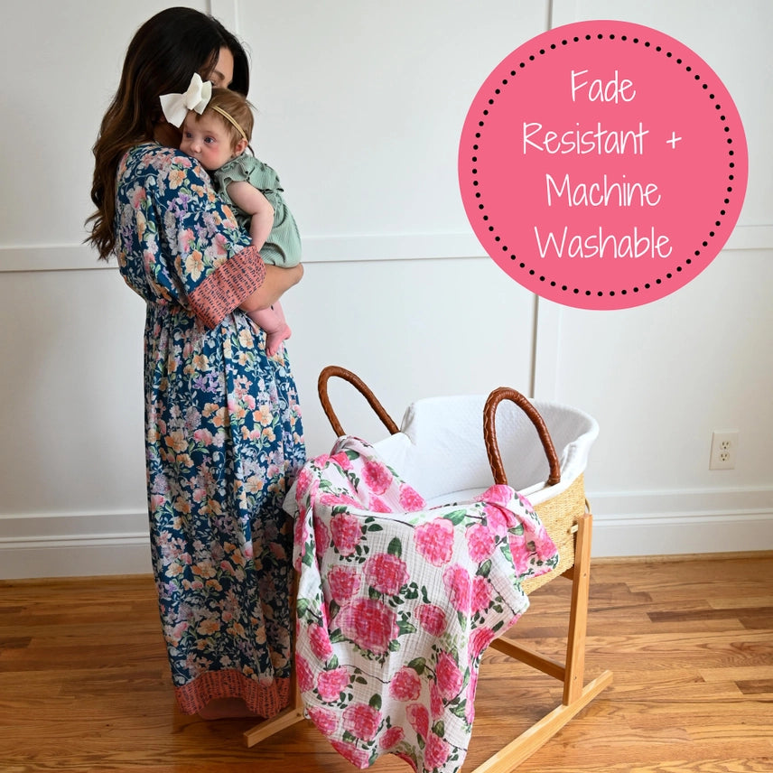 Pink Peony Print Cotton Muslin Baby Swaddle Blanket