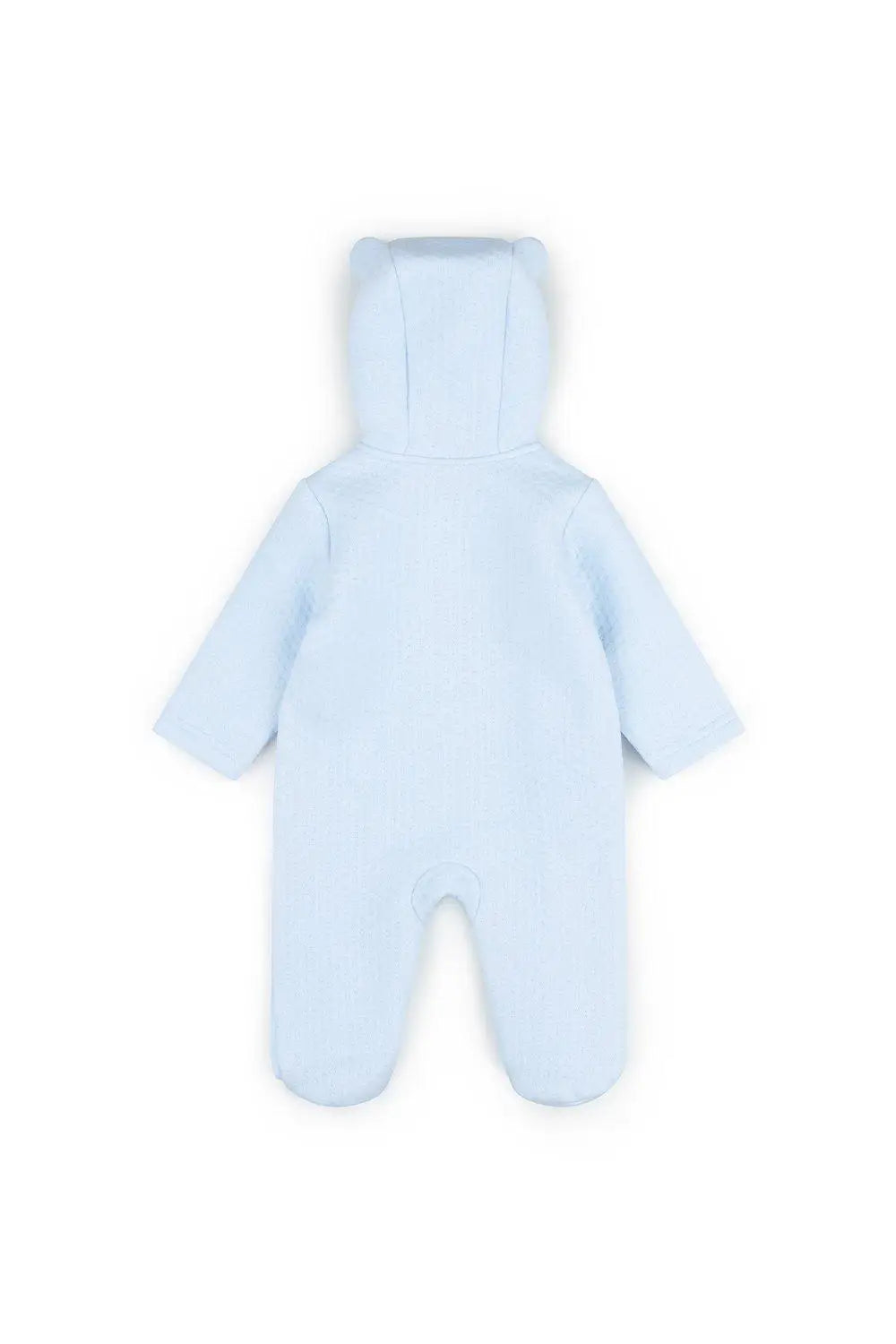 Light blue baby pramsuit with a hood on a white background - Adorababy uk