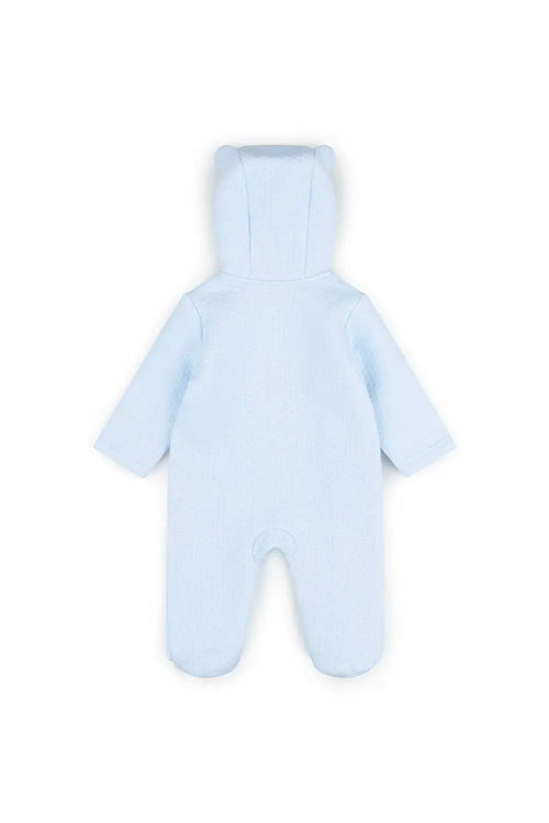 Light blue baby pramsuit with a hood on a white background - Adorababy uk