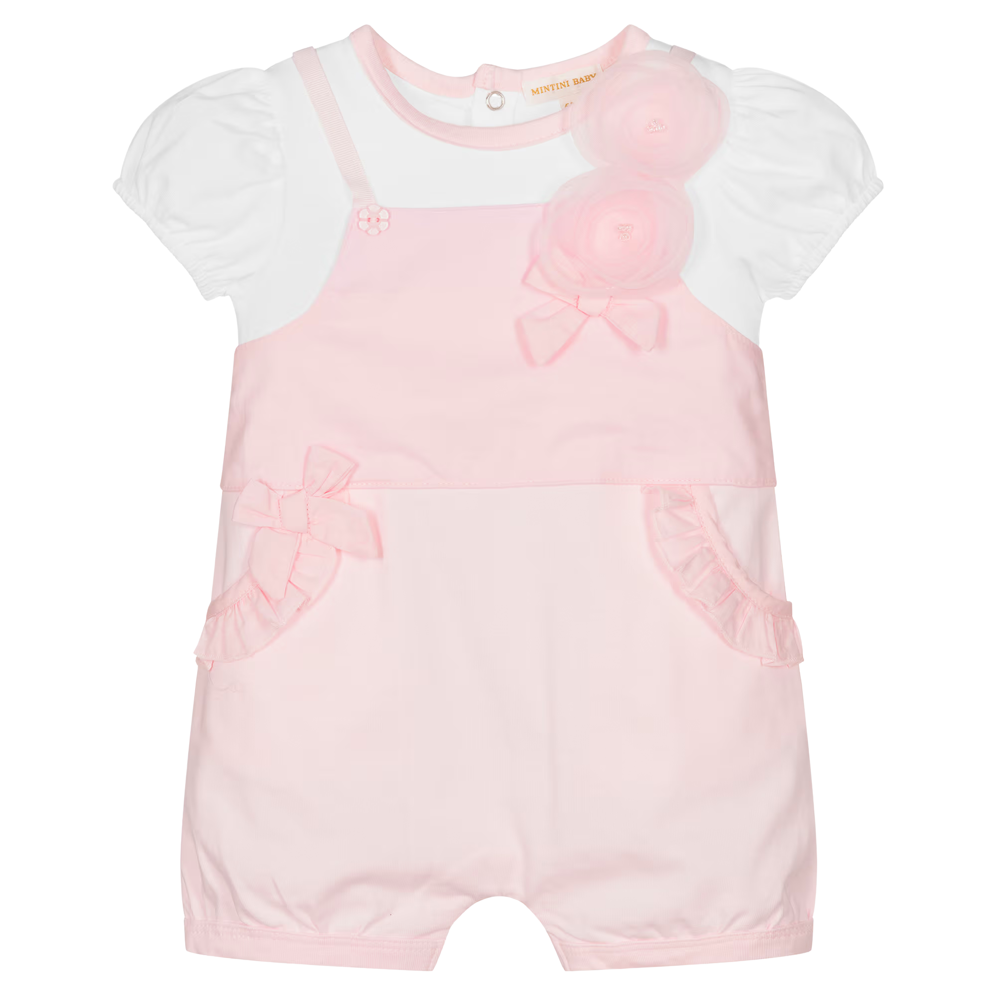 Pink & White Baby Girls Ruffle & Bow Cotton Shortie Romper