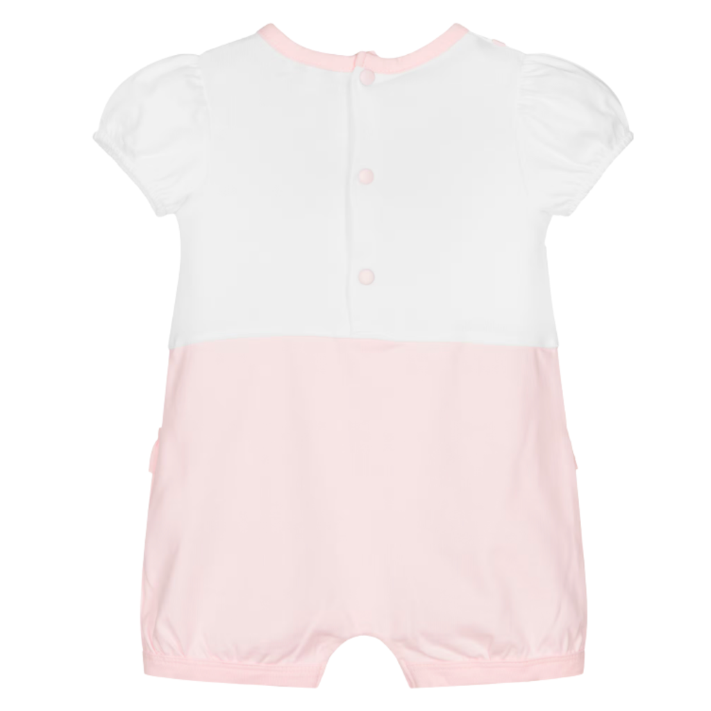 Pink & White Baby Girls Ruffle & Bow Cotton Shortie Romper