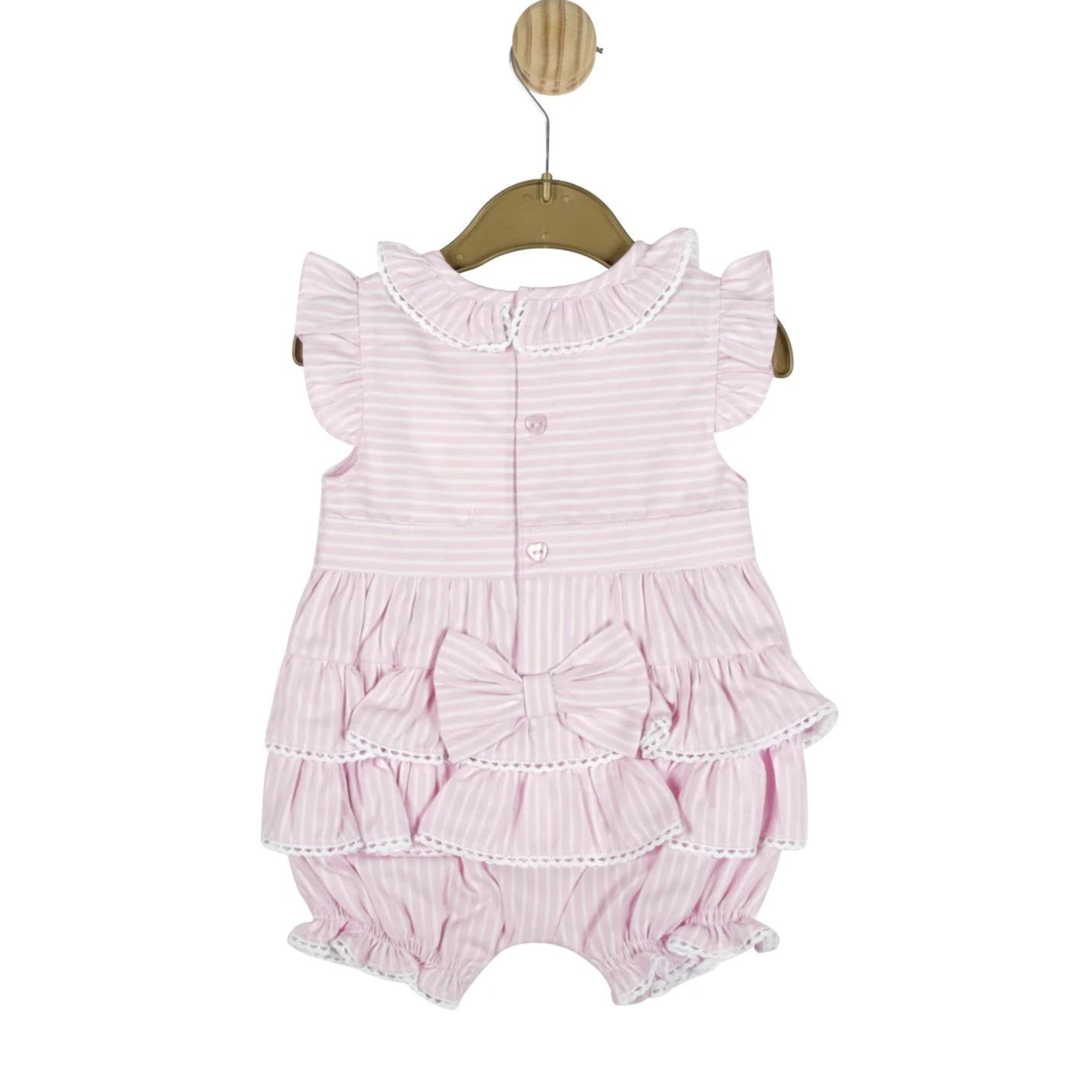 Baby Girls Pink Striped Cotton Shortie Romper with Ruffles & Bow - Age 9 months