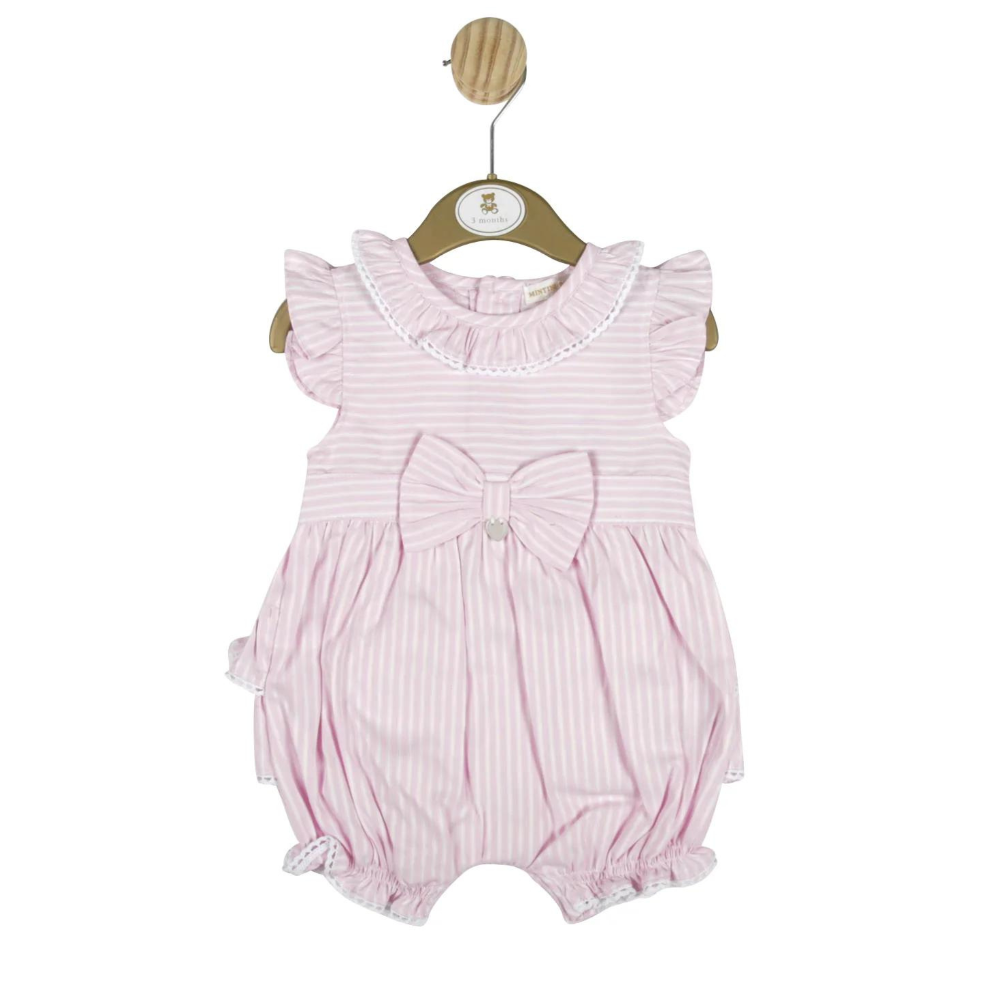 Baby Girls Pink Striped Cotton Shortie Romper with Ruffles & Bow - Age 9 months