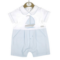 Baby romper with sailboat design on a white background