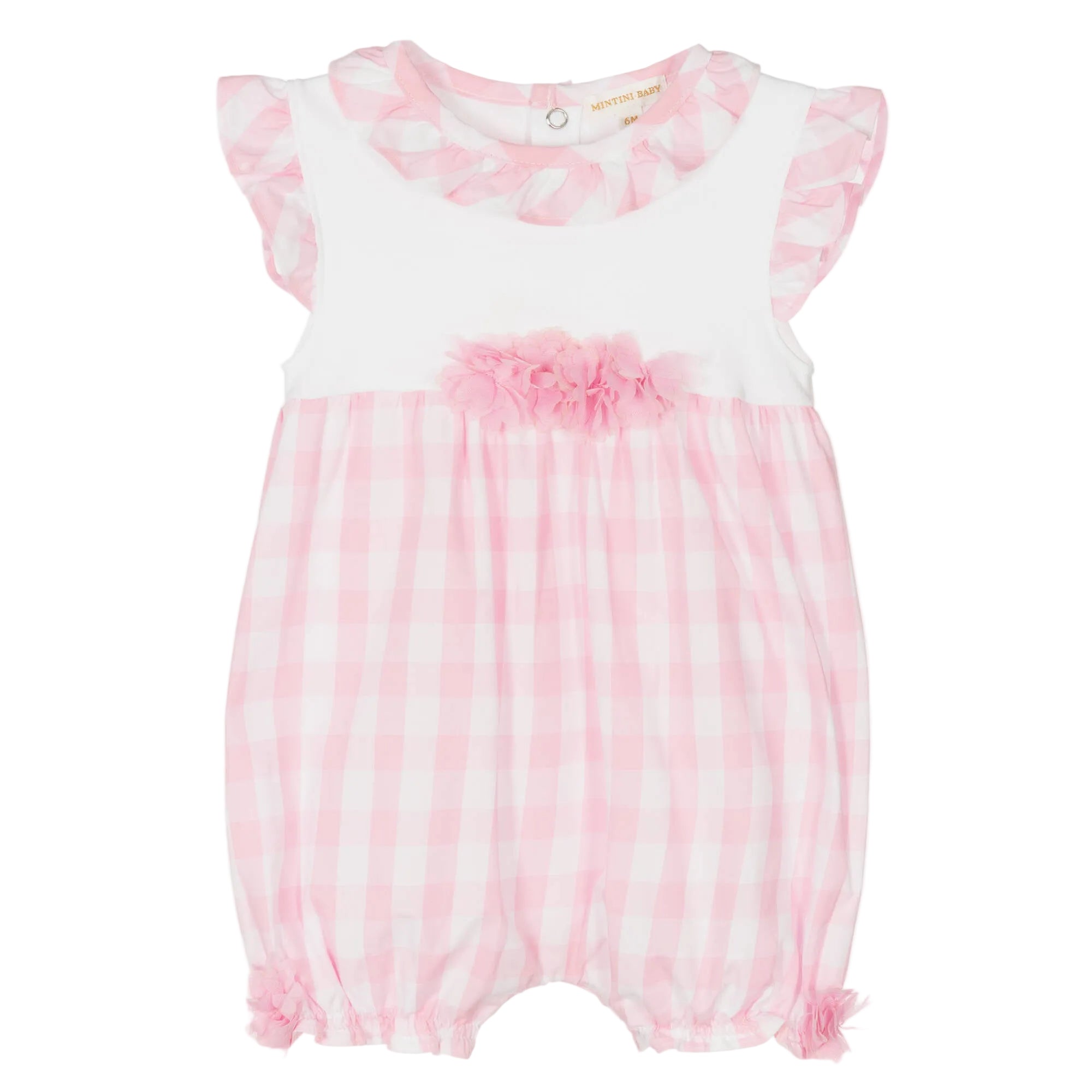 pink and white ruffled baby girls summer romper | Adorababy