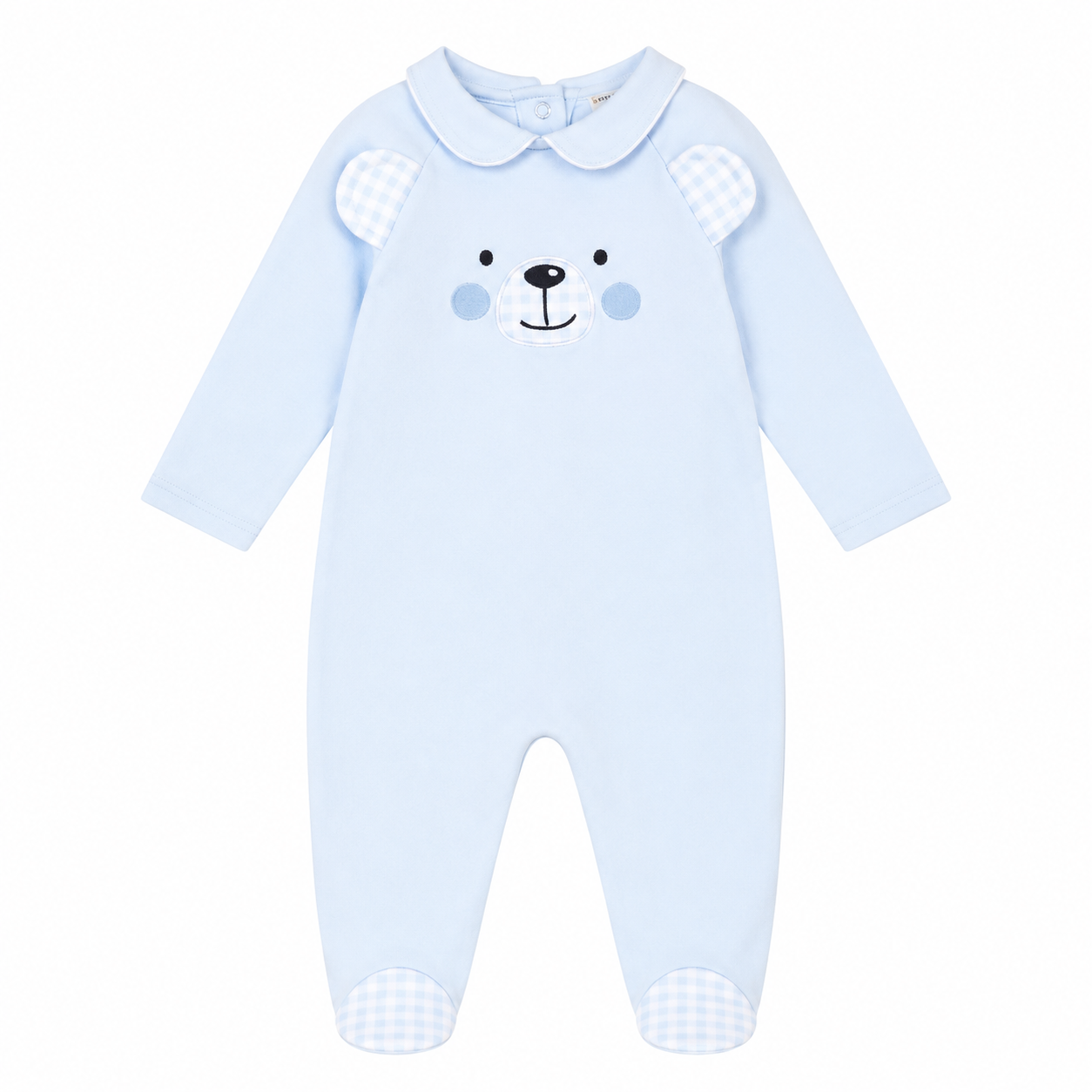Blue baby onesie with bear face design on a white background