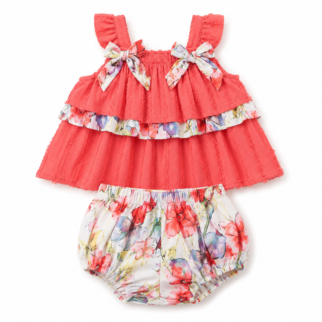 Baby Girls Dark Coral Floral Dress & Bloomers Set