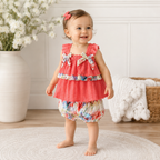 Baby Girls Dark Coral Floral Dress & Bloomers Set