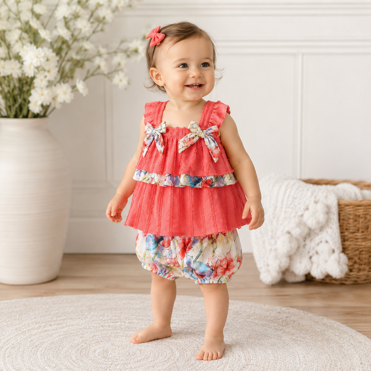 Baby Girls Dark Coral Floral Dress & Bloomers Set