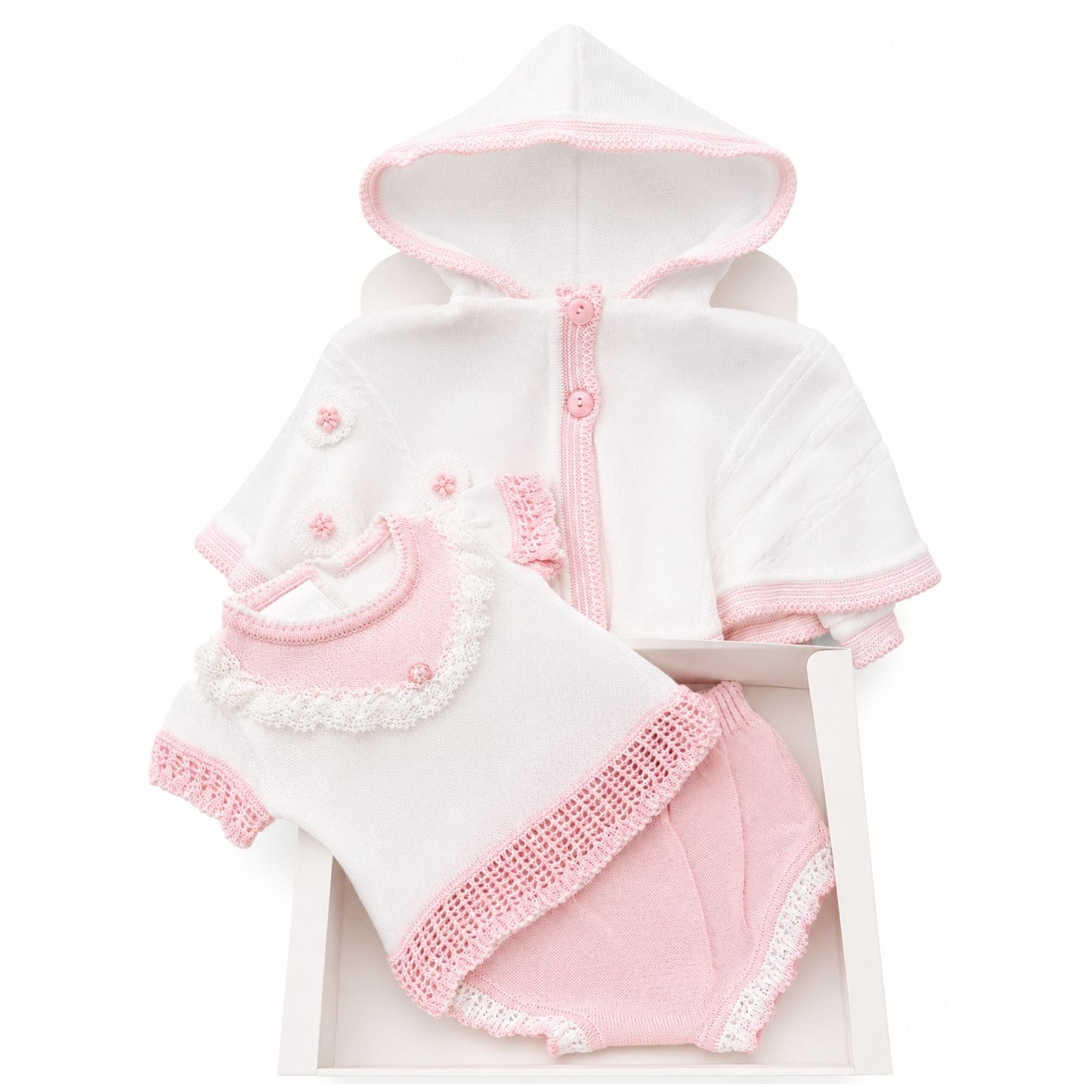 Newborn Baby Girls Cotton Crochet Knit Outfit & Poncho Gift Set