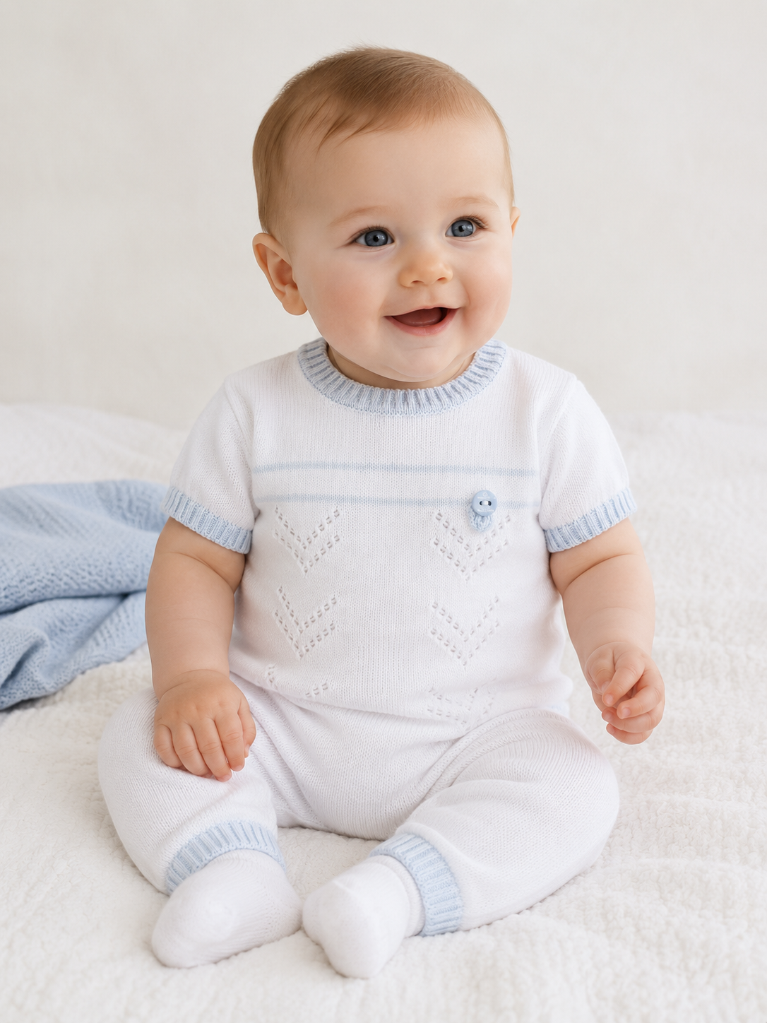 Baby Boys White & Sky Fine Cotton Knit Two Piece Set