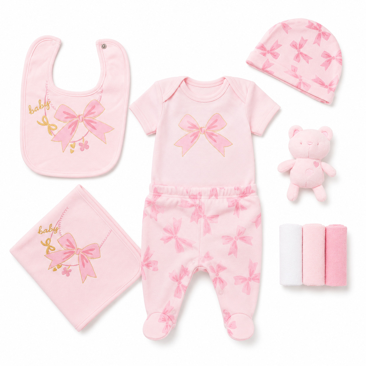 Pink Bows Baby Girls 10 Piece Cotton Layette Gift Set