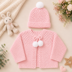 Pink Knitted Cardigan & Pom Pom Hat Set