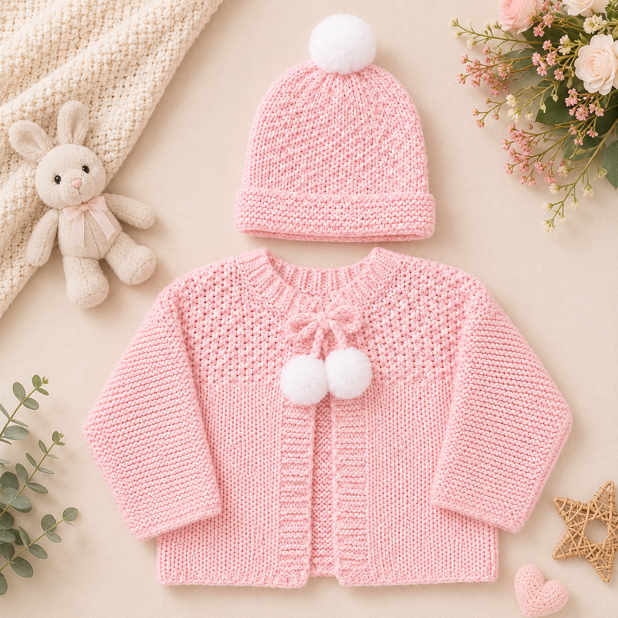 Pink Knitted Cardigan & Pom Pom Hat Set