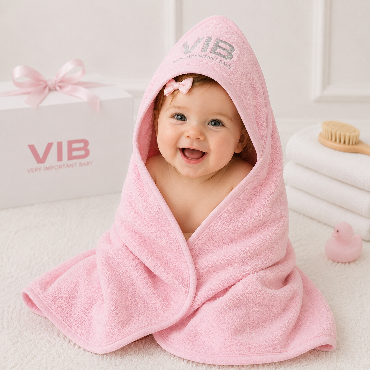 Very Important Baby Embroidered Pink Hooded Towel