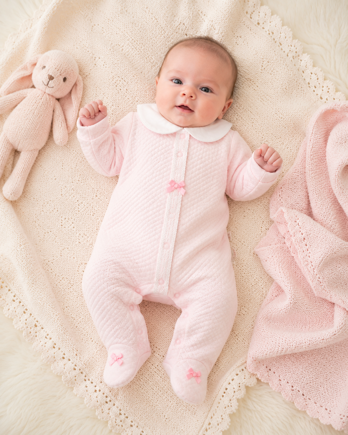 Baby Girls Pink Lace & Ribbon Bow All in One