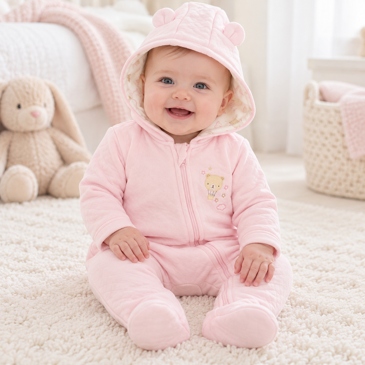 Pure & Soft Babywear Pink Bear Hooded All in One