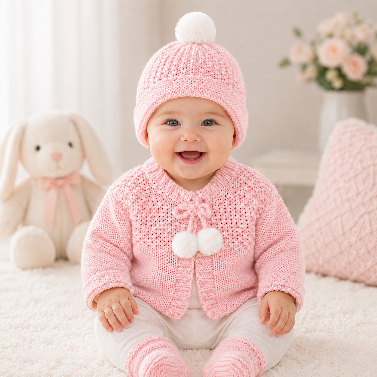Pink Knitted Cardigan & Pom Pom Hat Set