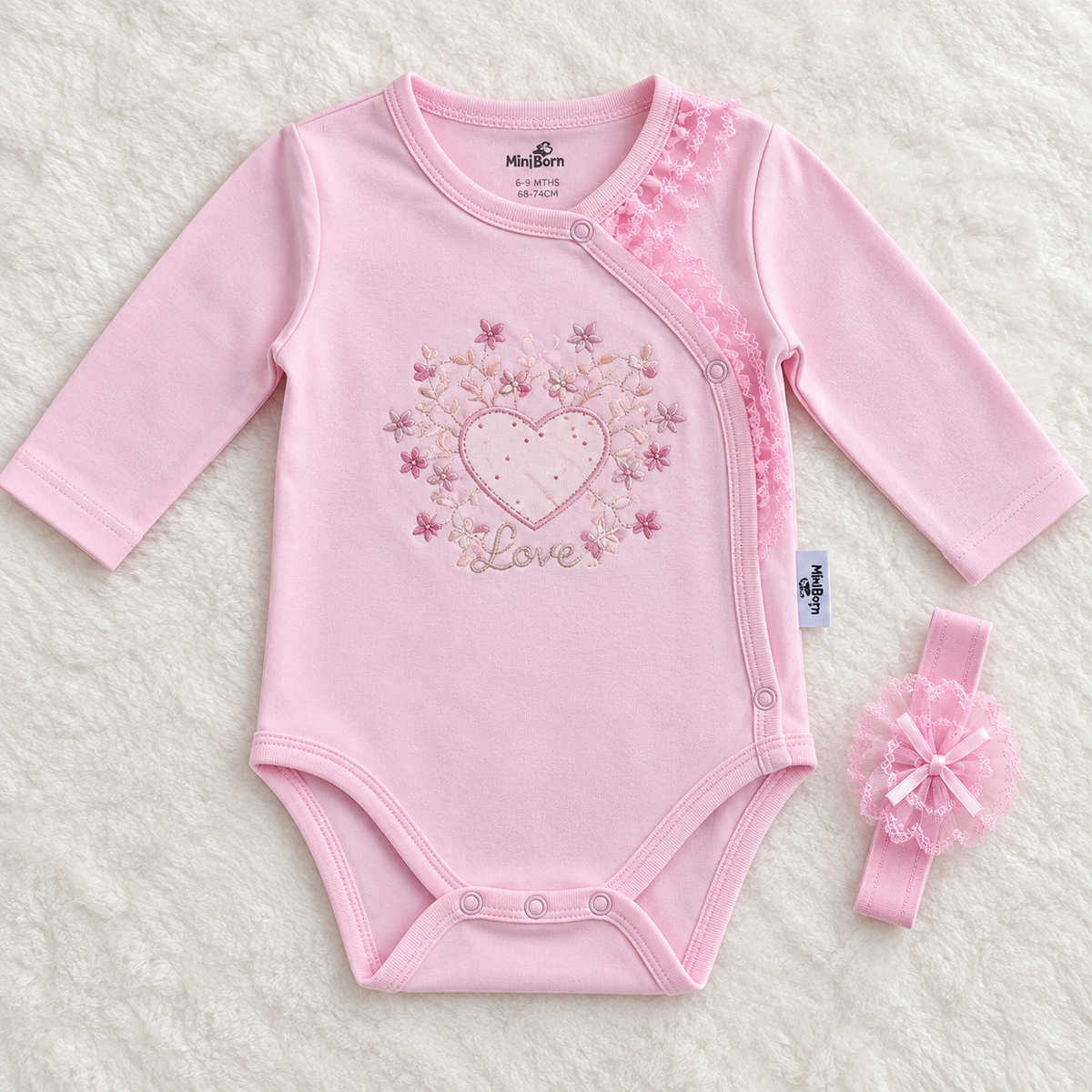 Pink 'Love' Embroidered Body & Headband Set - 9-12 months