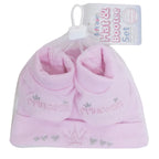 Pink 'Princess' hat and bootie set in a mesh bag with a Softouch label.