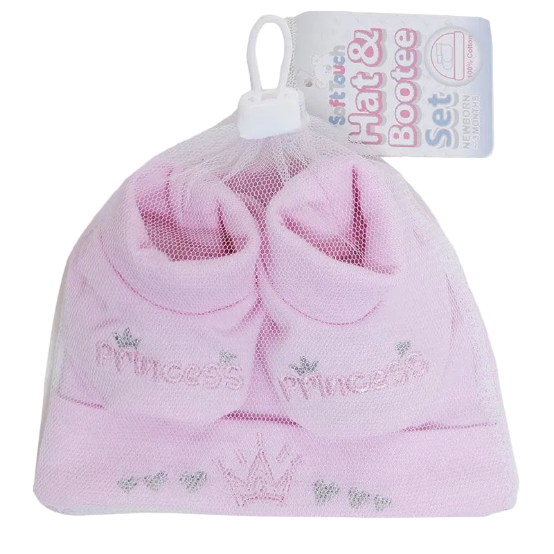 Pink 'Princess' hat and bootie set in a mesh bag with a Softouch label.