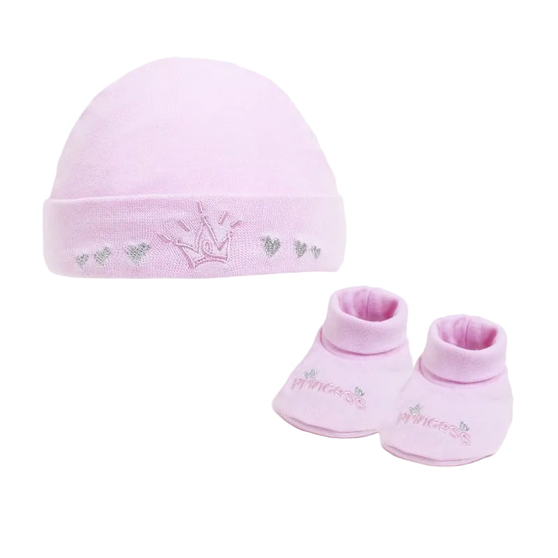 Pink baby hat and booties set with 'Princess' text on a white background