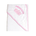 White baby towel with pink trim and 'Princess' embroidery on a white background
