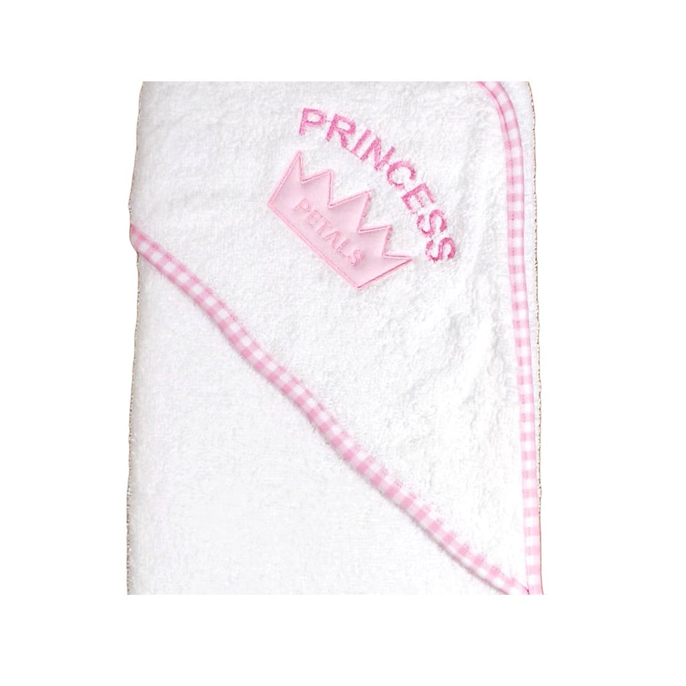 White baby towel with pink trim and 'Princess' embroidery on a white background
