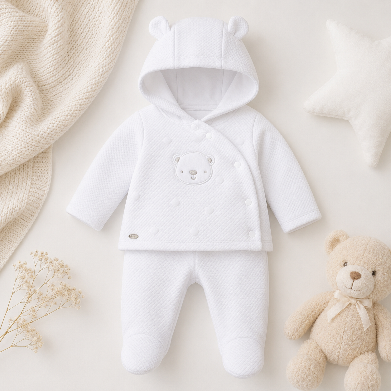 Baby Unisex White Quilt Jacquard Jacket & Footed Trousers Outfit