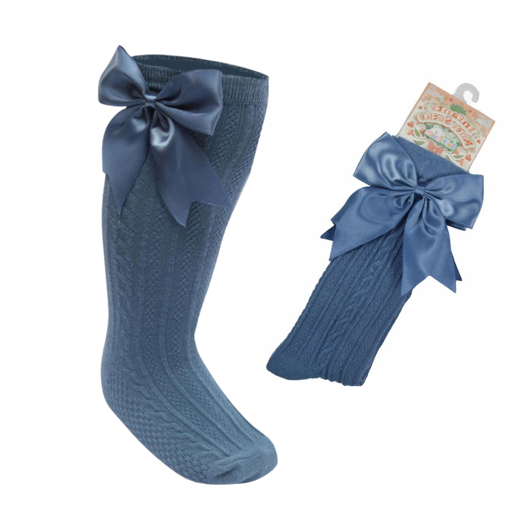 steel blue knee high baby socks with large satin bow 0-3 months- Adorababy.co.uk