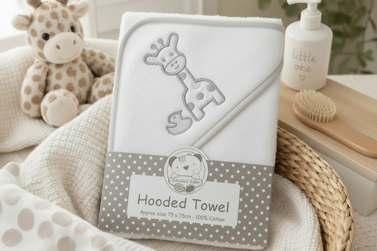 A folded hooded baby towel with an embroidered giraffe design, wrapped in a paper band labeled 'Snuggle Baby Hooded Towel,' styled on a soft blanket with a plush toy and a bottle in the background.