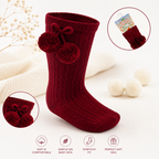 Burgundy Knee High Baby Socks with Pom Poms