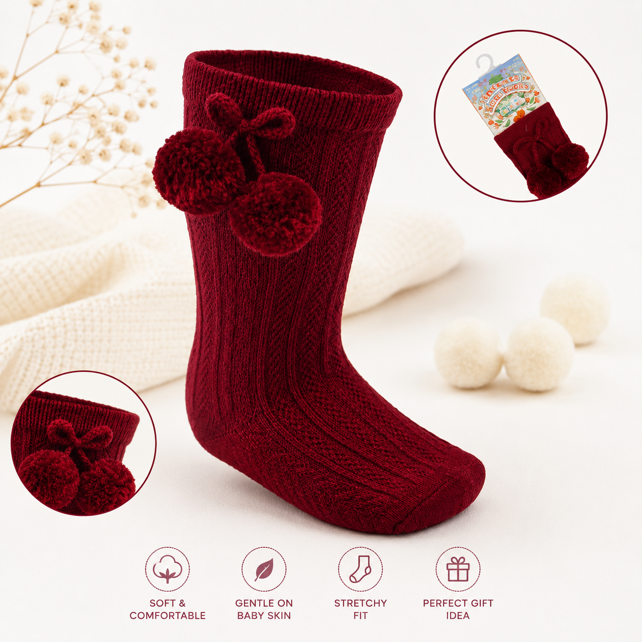 Burgundy Knee High Baby Socks with Pom Poms