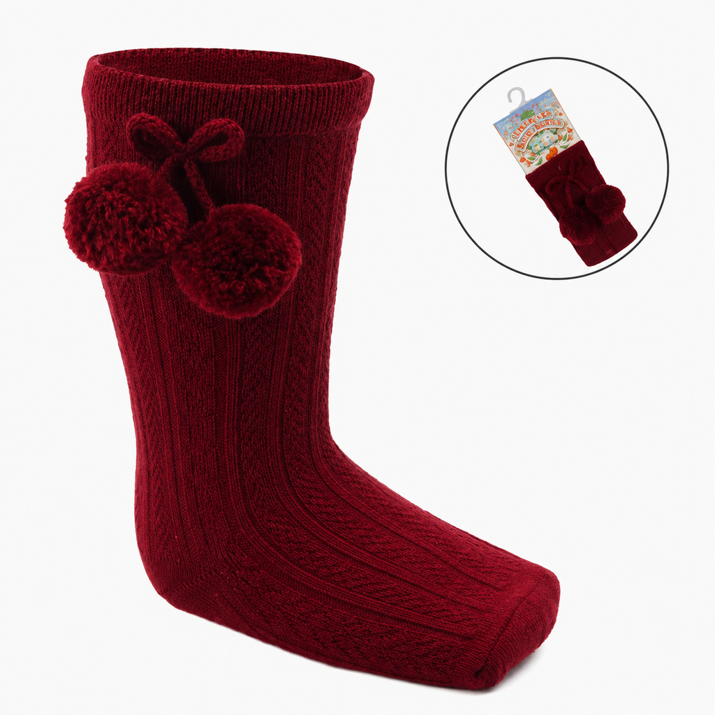 Burgundy Knee High Baby Socks with Pom Poms