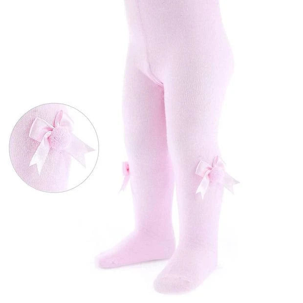 Soft Touch Plain Pink Baby Tights with Pink Pom Pom & Satin Bow