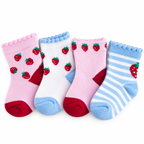 Four pairs of baby socks arranged side by side on a white background. The socks feature strawberry patterns and stripes in pink, white, light pink, and light blue, with red toes and heels.