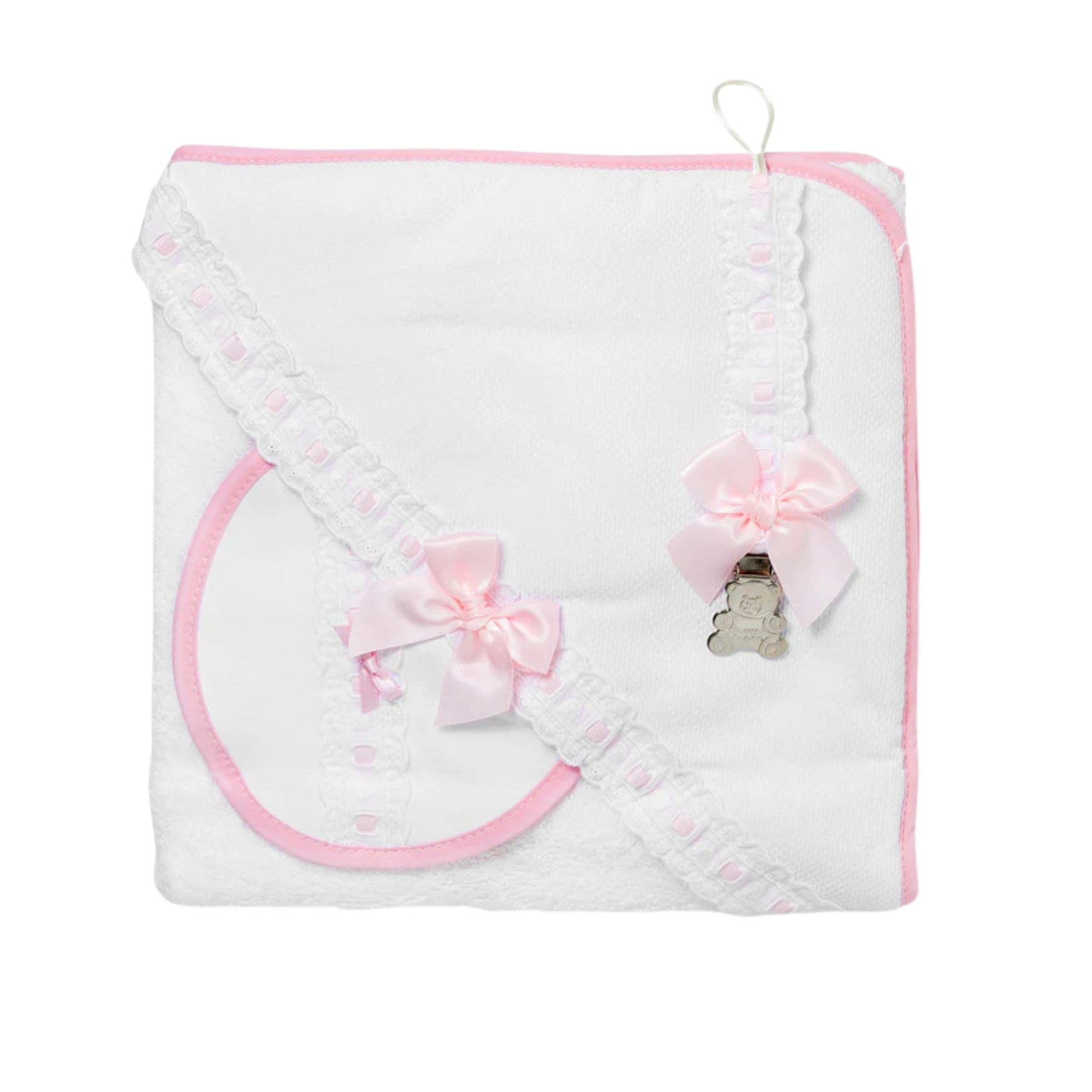 Baby 3-piece Bath Set - Lace & Ribbon Hooded Towel, Bib & Dummy Clip - Pink