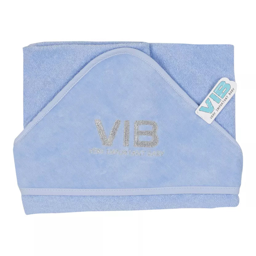 Blue towel with 'VIB' branding on a white background | Adorababy.co.uk