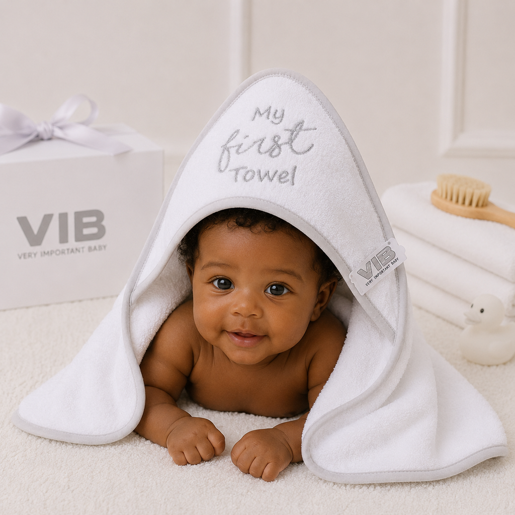 White Embroidered "My First Towel" Soft Hooded Baby Towel