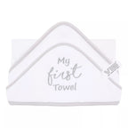 White baby towel with 'My first Towel' text on a white background