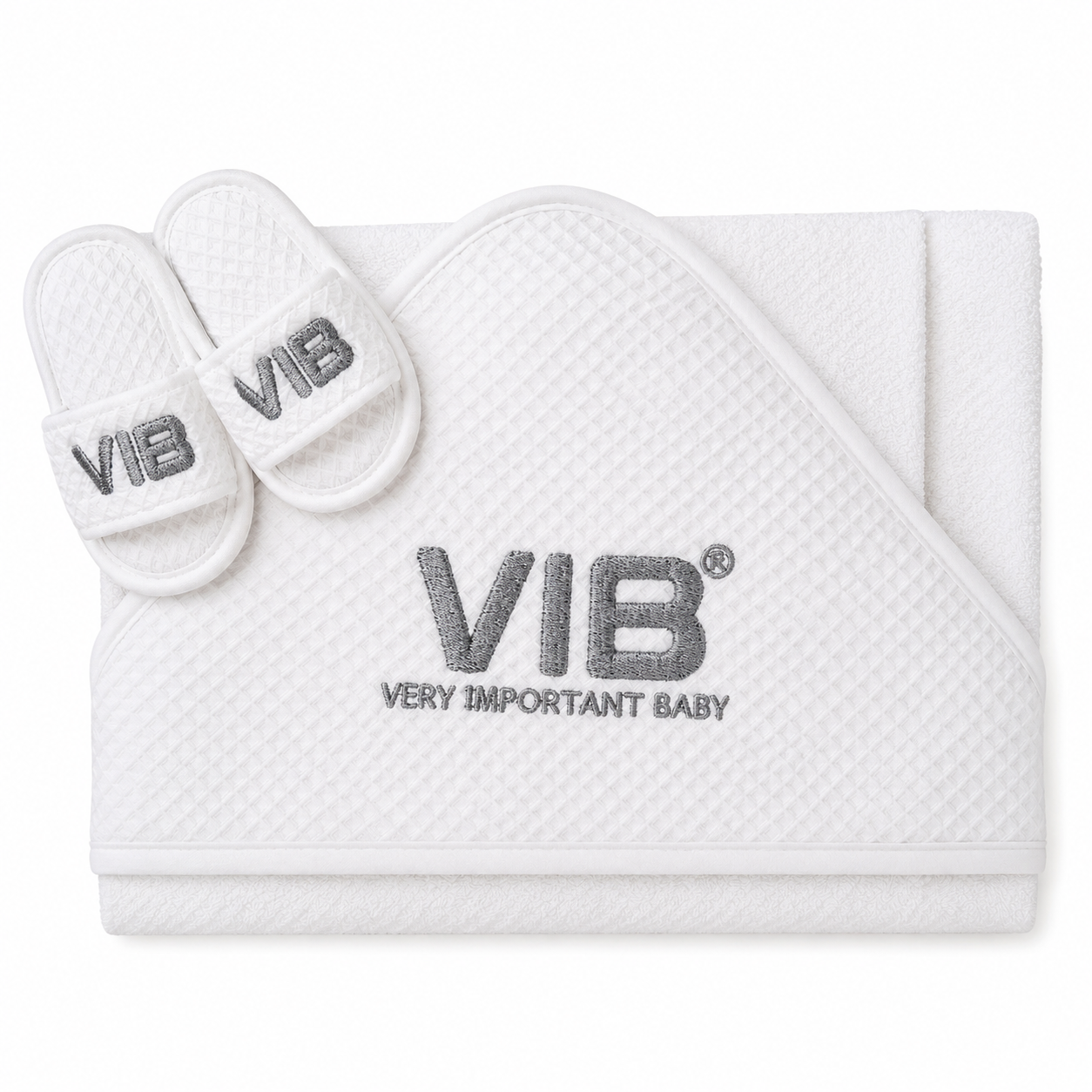Very Important Baby White Waffle Cotton Hooded Towel & Slippers Set