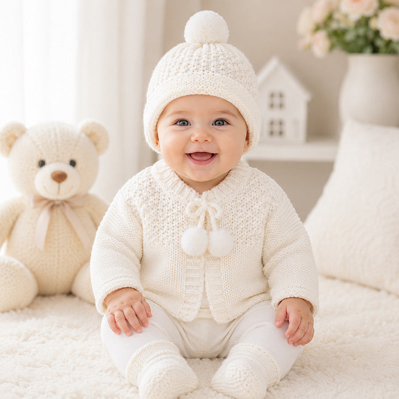 White Knitted Cardigan & Pom Pom Hat Set
