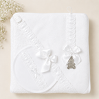 Luxury Baby 3-piece Bath Set - Lace & Ribbon Hooded Towel, Bib & Dummy Clip - White