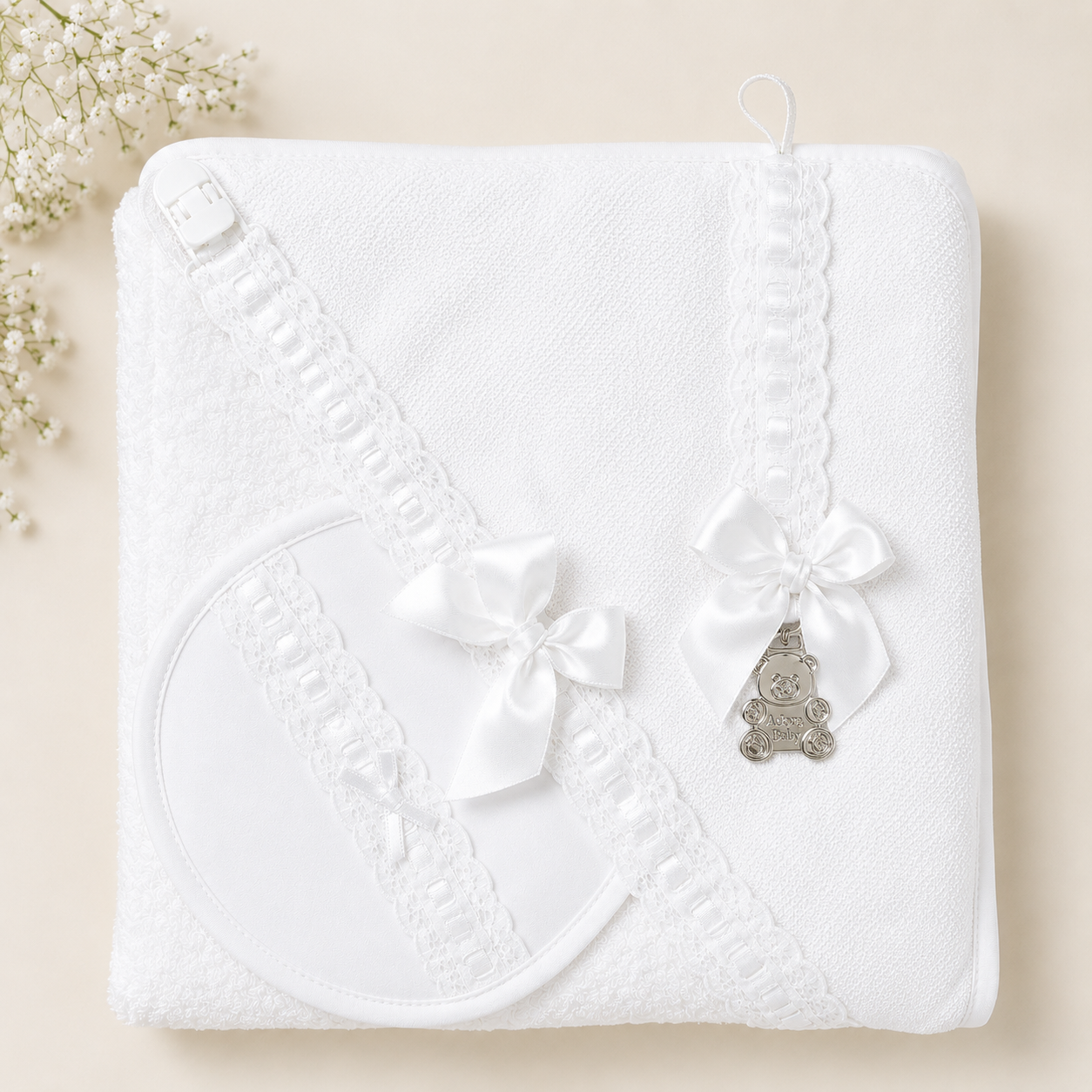 Luxury Baby 3-piece Bath Set - Lace & Ribbon Hooded Towel, Bib & Dummy Clip - White