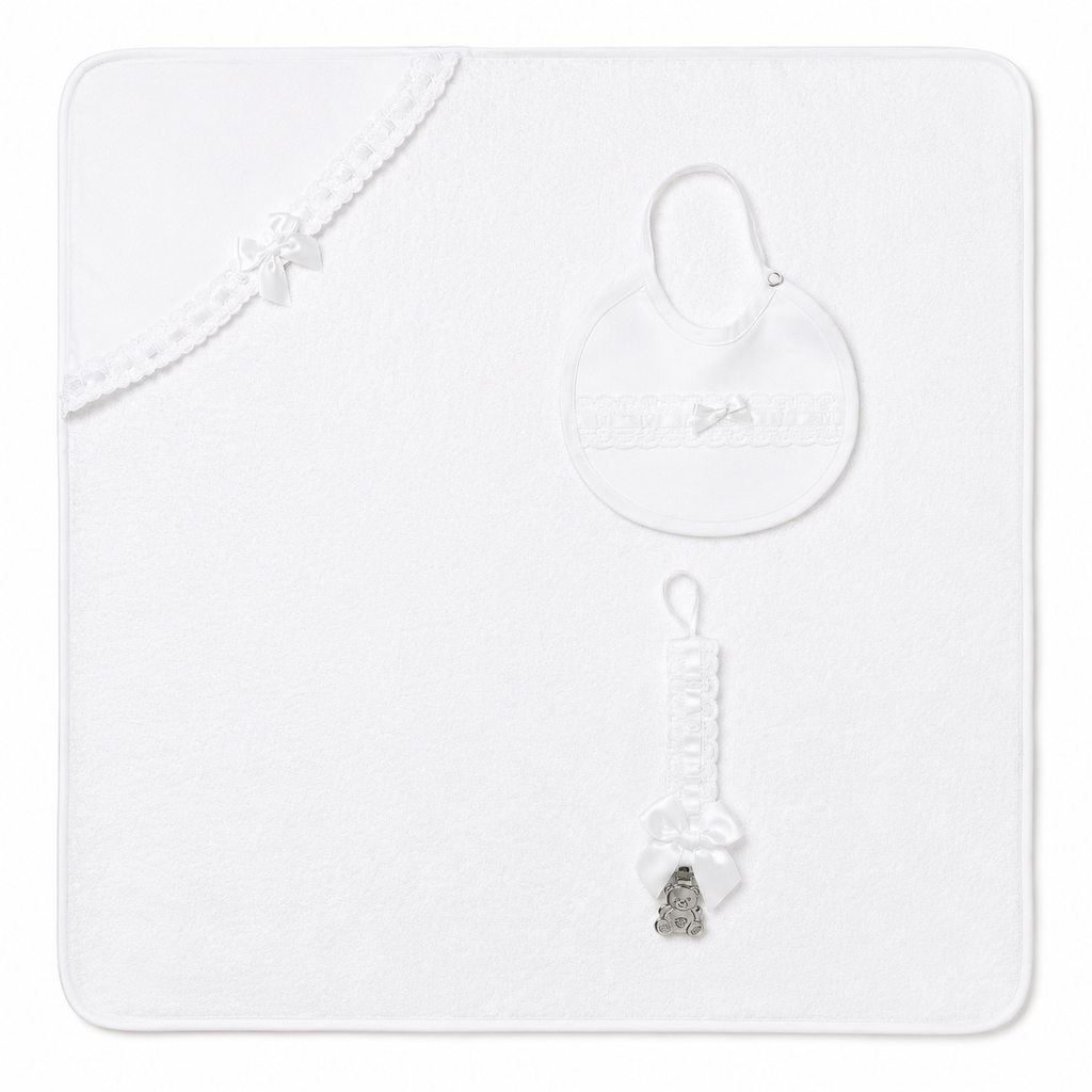Luxury Baby 3-piece Bath Set - Lace & Ribbon Hooded Towel, Bib & Dummy Clip - White