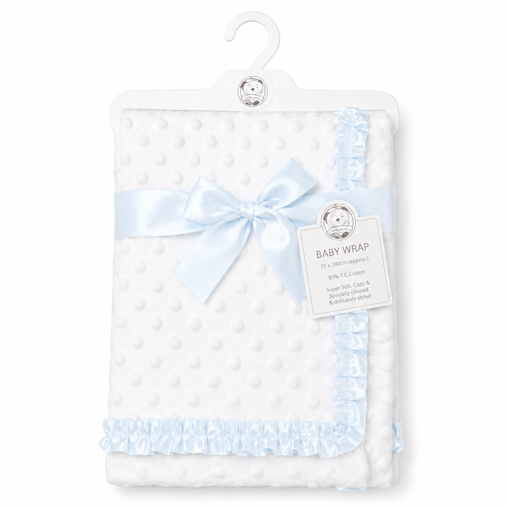 White baby wrap with blue trim and bow packaging on a white background