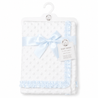 White baby wrap with blue trim and bow packaging on a white background