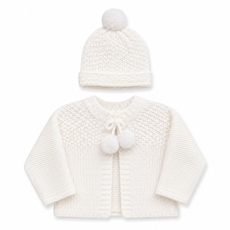 White Knitted Cardigan & Pom Pom Hat Set